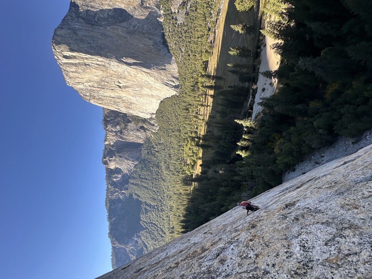 Climbing a granite slab in Yosemite Valley