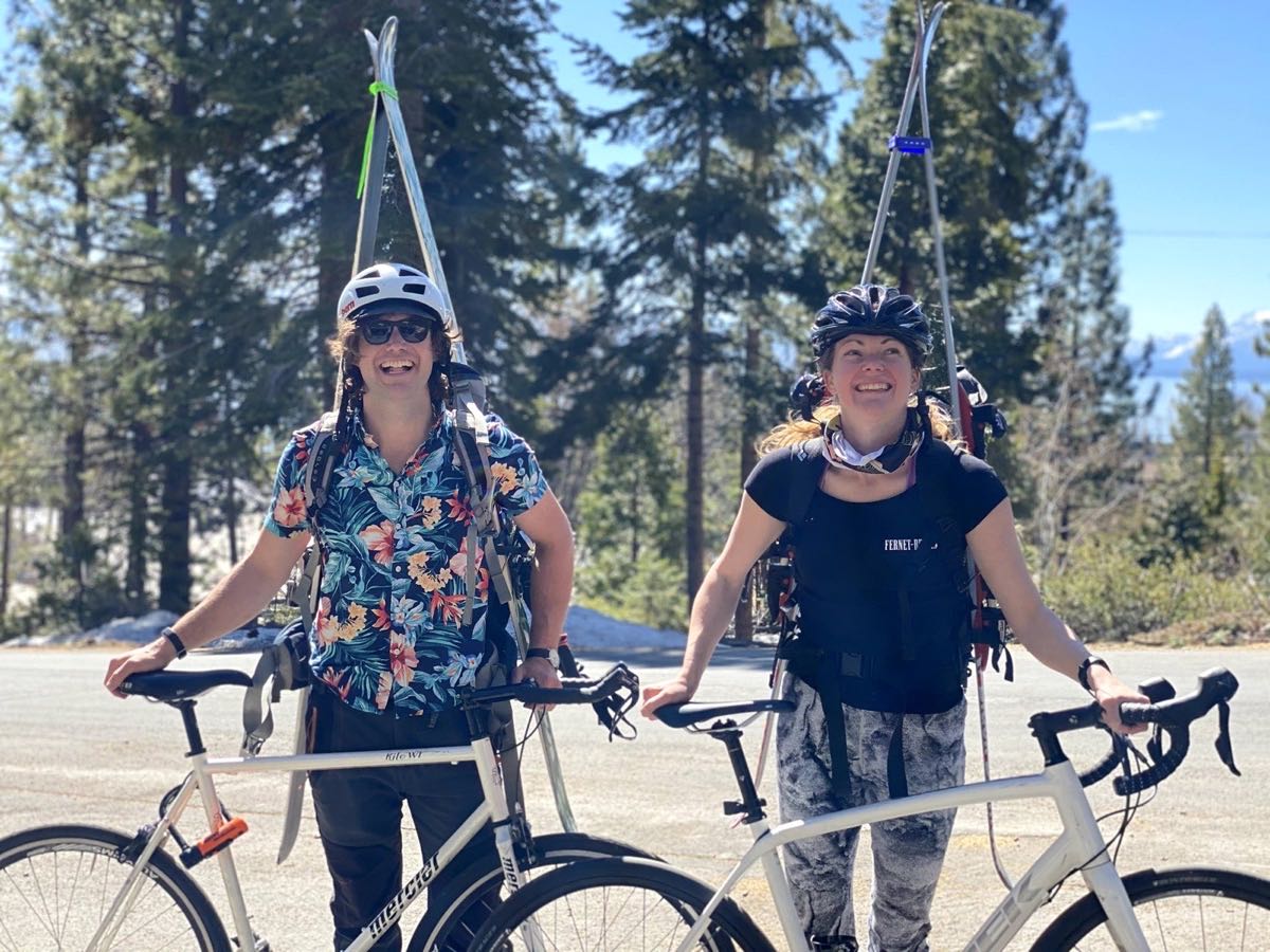 Biking with skis strapped to our backs