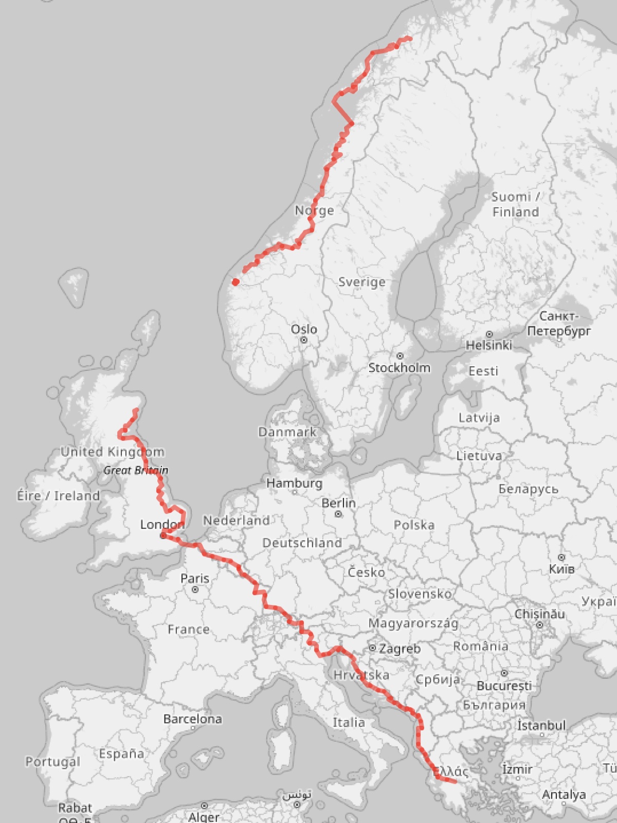Map of a bicycle route up the length of Europe, from Greece north through Croatia, the Alps and France to England and Scotland, then along the Norwegian coast to Nordkapp